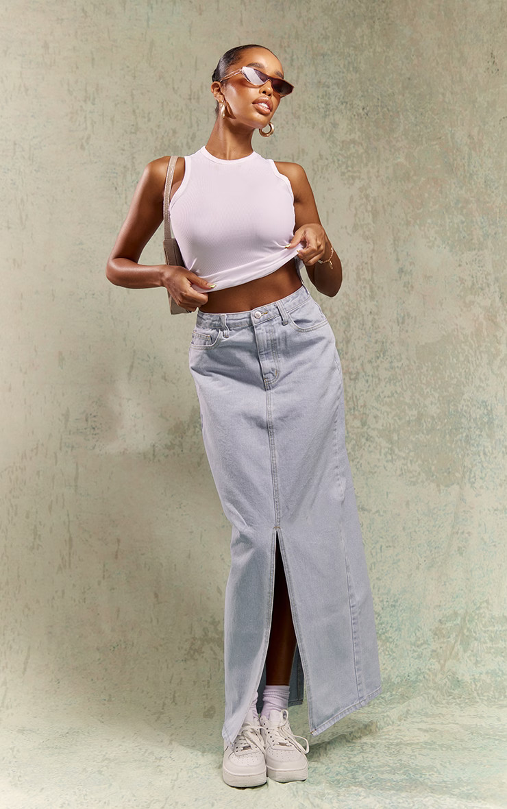 Light Blue Wash Statement Slit Denim Maxi Skirt | PrettyLittleThing UK