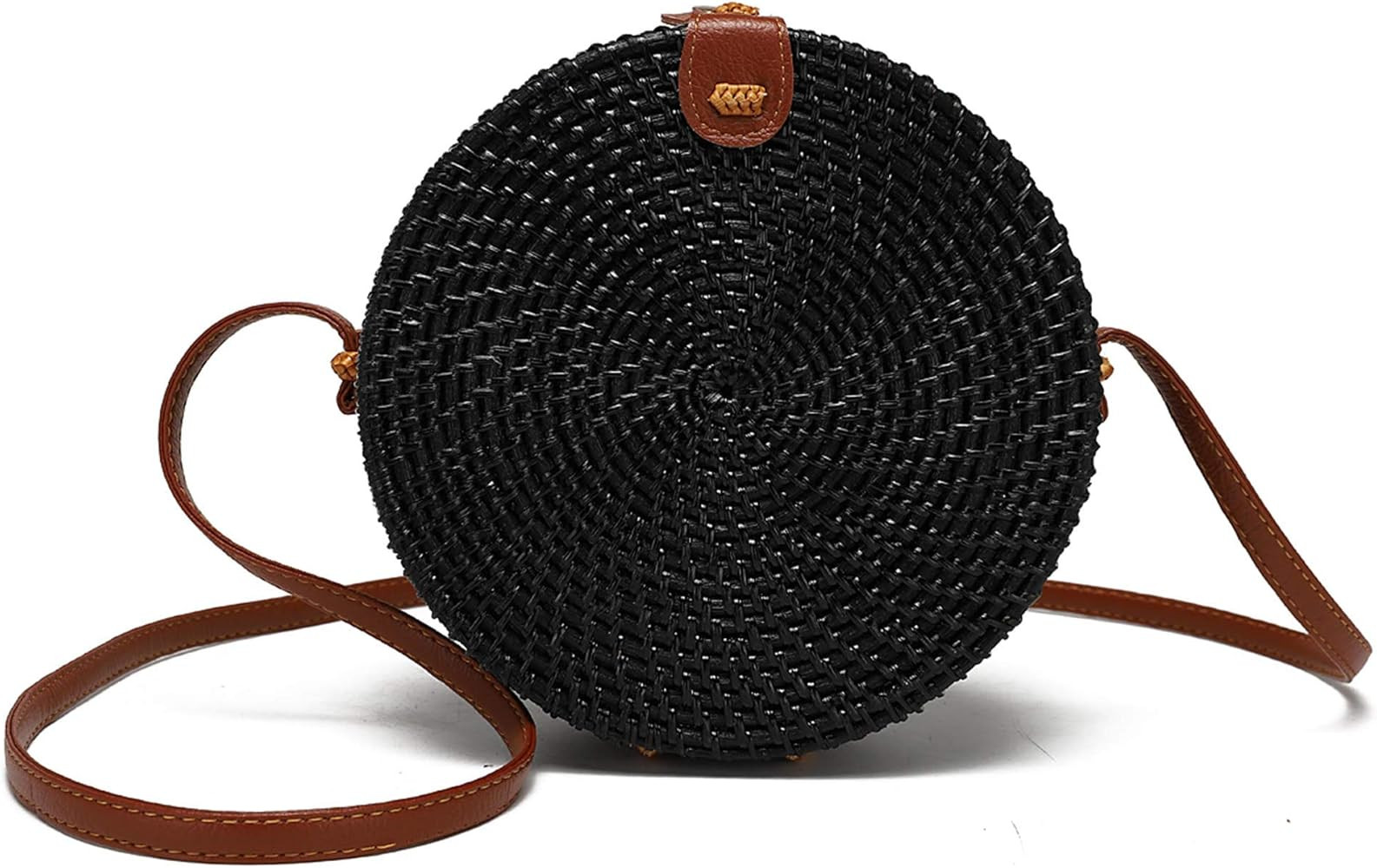 Handwoven Round Rattan Bag for Women with Leather Strap Crossbody Straw Handbag | Amazon (US)