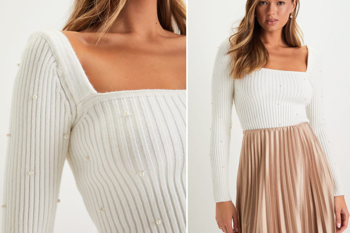 on sale for $44 with code WINTER. in sizes: XXS - XL

Fashionable Perfection Ivory Ribbed Pearl Sweater Top
Lulus womens going out top knit long sleeved top with pearls date night  

 