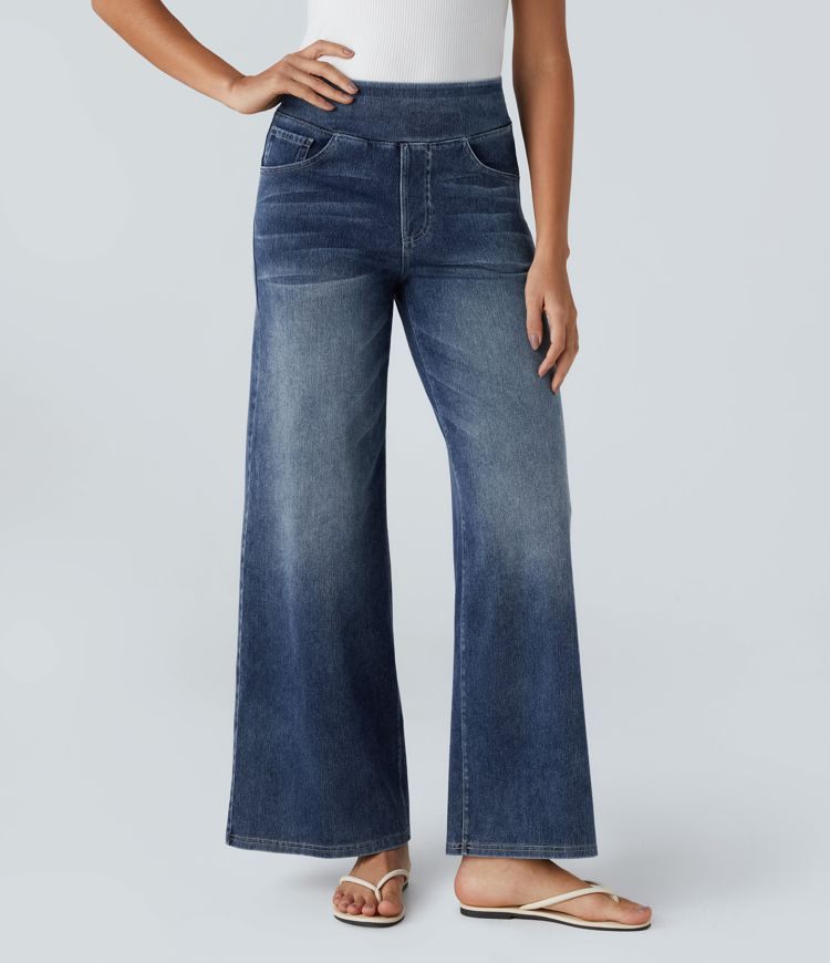 Halara Flex™ High Waisted Pockets Baggy Wide Leg Washed Casual Jeans | HALARA