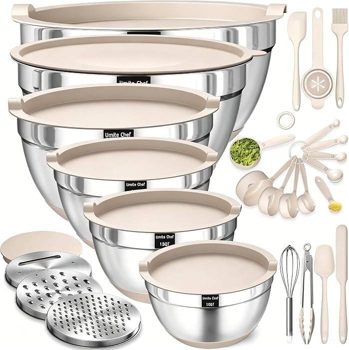 Mixing Bowls with Airtight Lids Set, 26PCS Stainless Steel Khaki Bowls with Grater Attachments, N... | Amazon (US)