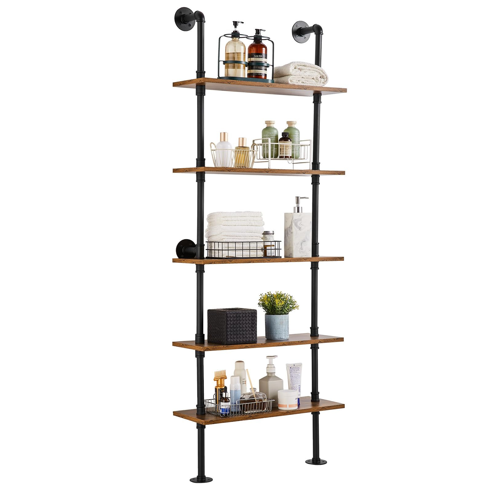 VEVOR Industrial Pipe Shelf, 5 Tier 24x9.84in, Wall-Mount Floating Rustic Wood Shelves Bracket Di... | Amazon (US)