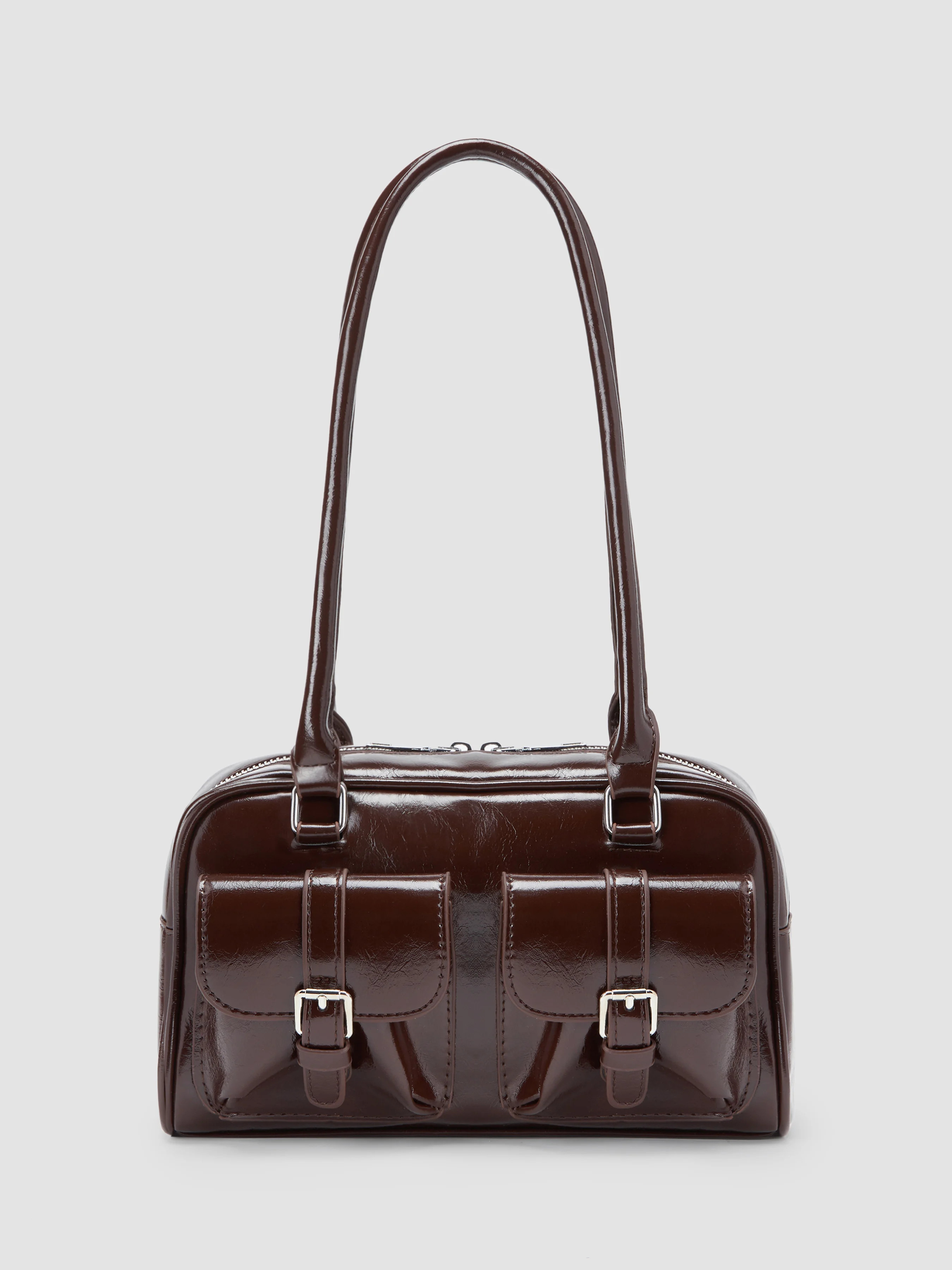 Faux Leather DOUBLE POCKET BOSTON FAUX LEATHER SHOULDER BAG For Daily Casual Work | Cider