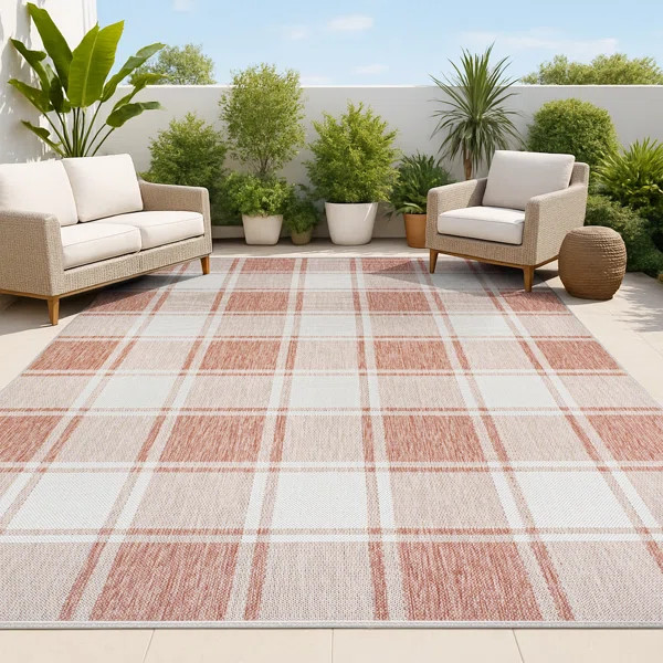 Sabine Traditional Farmhouse Bold Gingham Salmon/Cream Indoor/Outdoor Rug | Wayfair North America