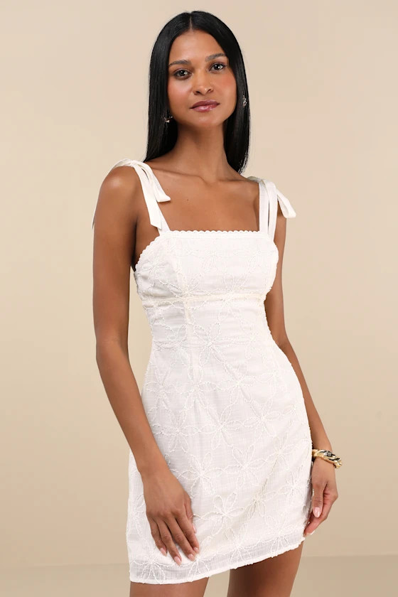 Mizuki Cream Embroidered Tie-Strap Mini Dress | Lulus