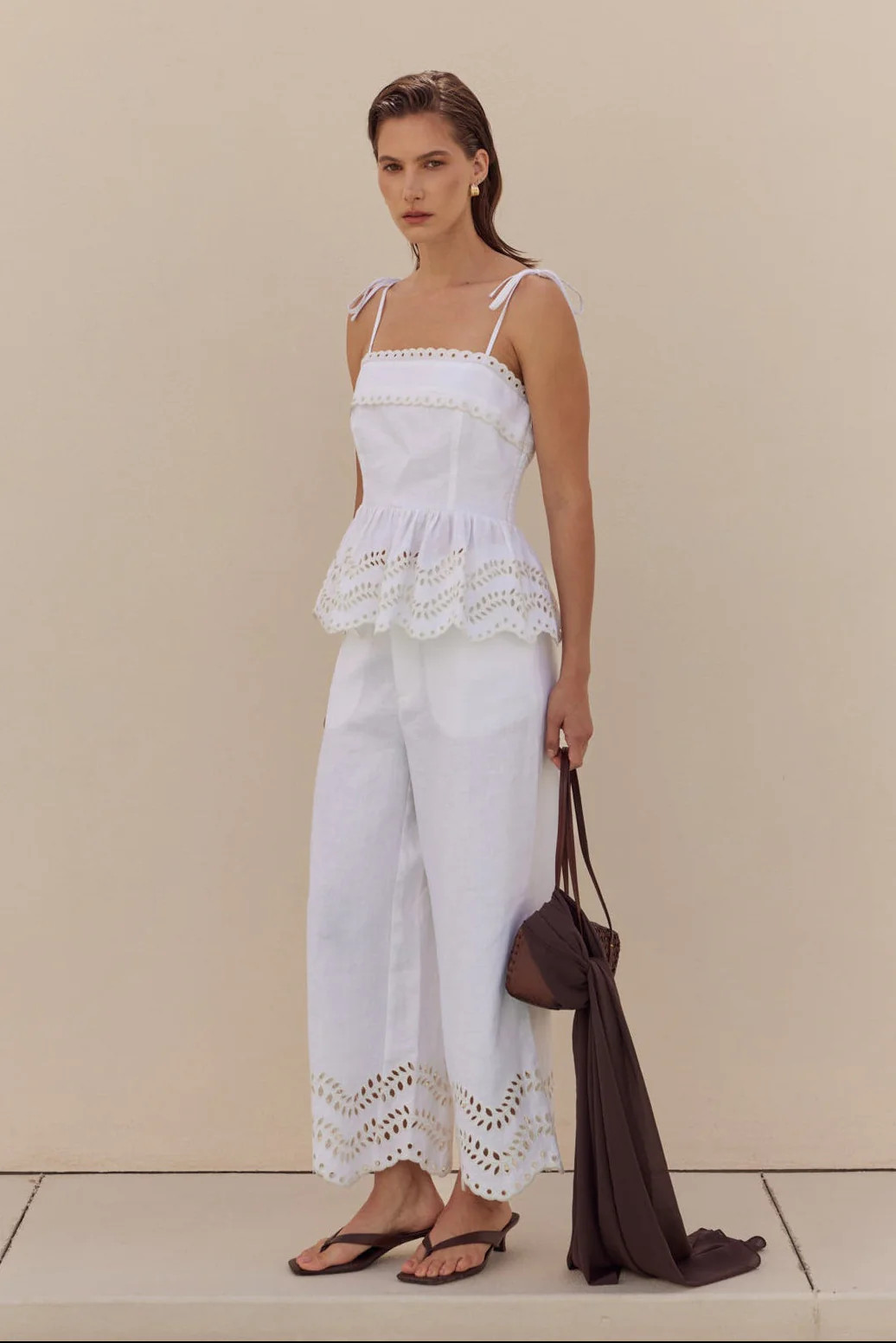 Eyelet Trim Linen Wide-Leg Pants | English Factory
