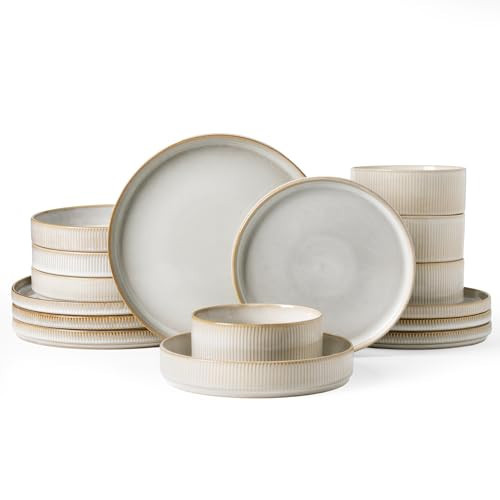 Famiware Star Dinnerware Set with Pasta Bowls, Service for 4 (16pcs), Ribbed Stoneware Plates and Double Bowls Dishes Sets - Chip & Scratch Resistant, Microwave & Dishwasher Safe, Cappuccino White | Amazon (US)