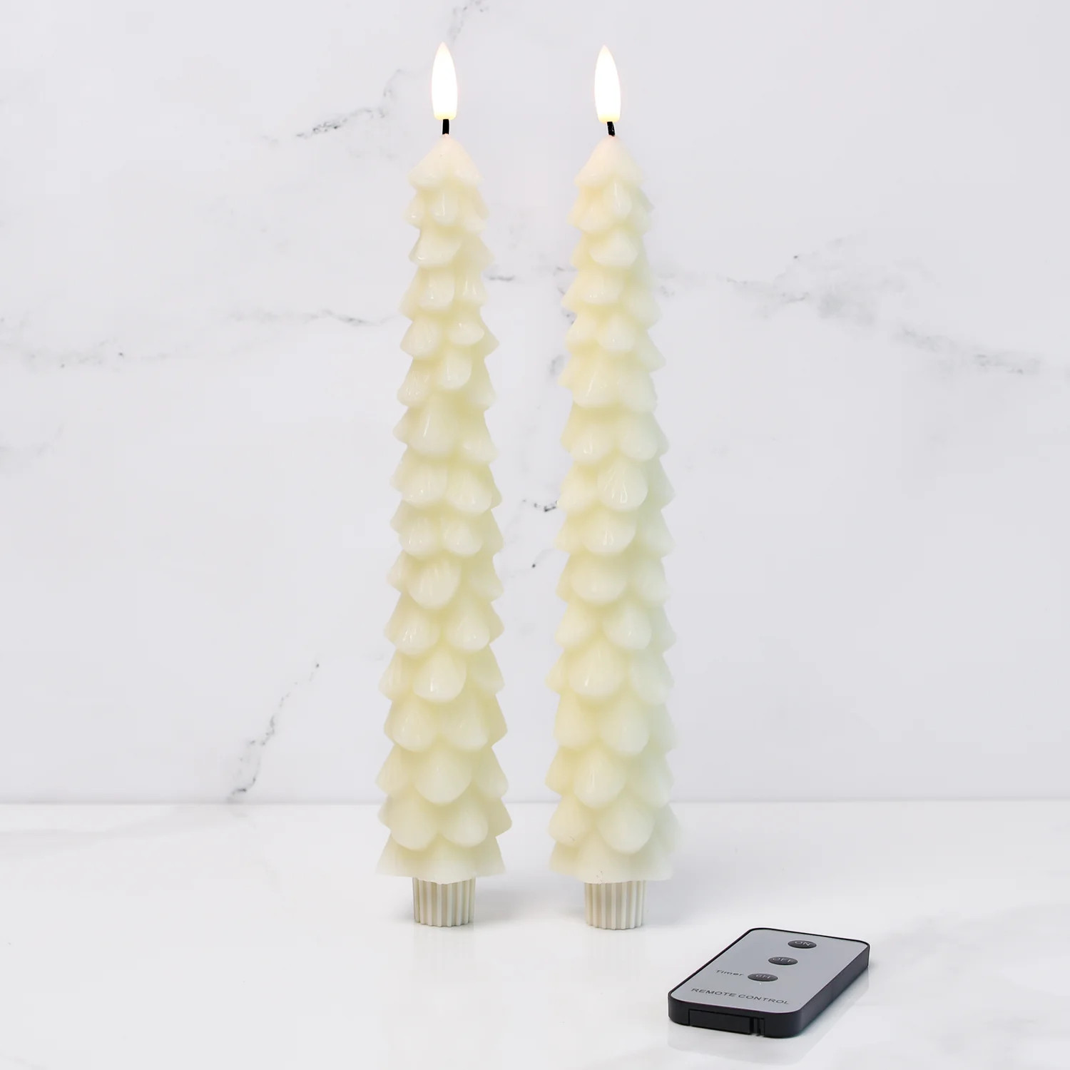 Set of 2 Cream Tree Tapers with Remote | Interior Delights