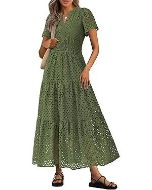 PRETTYGARDEN Womens 2026 Summer Maxi Dress Short Sleeve V Neck Hollow Out Eyelet A Line Long Flow... | Amazon (US)