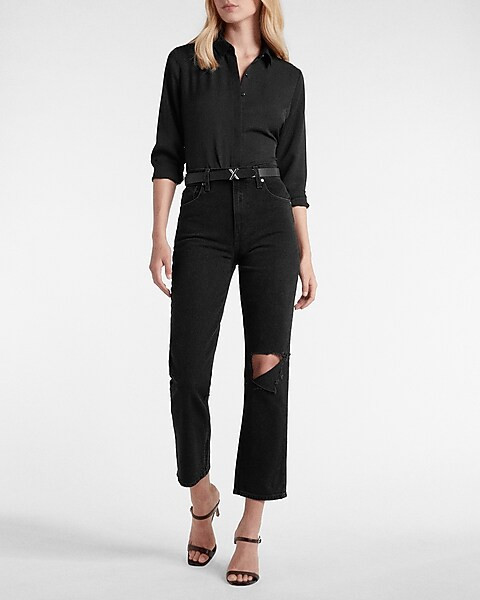 Super High Waisted Black Ripped Modern Straight Jeans | Express