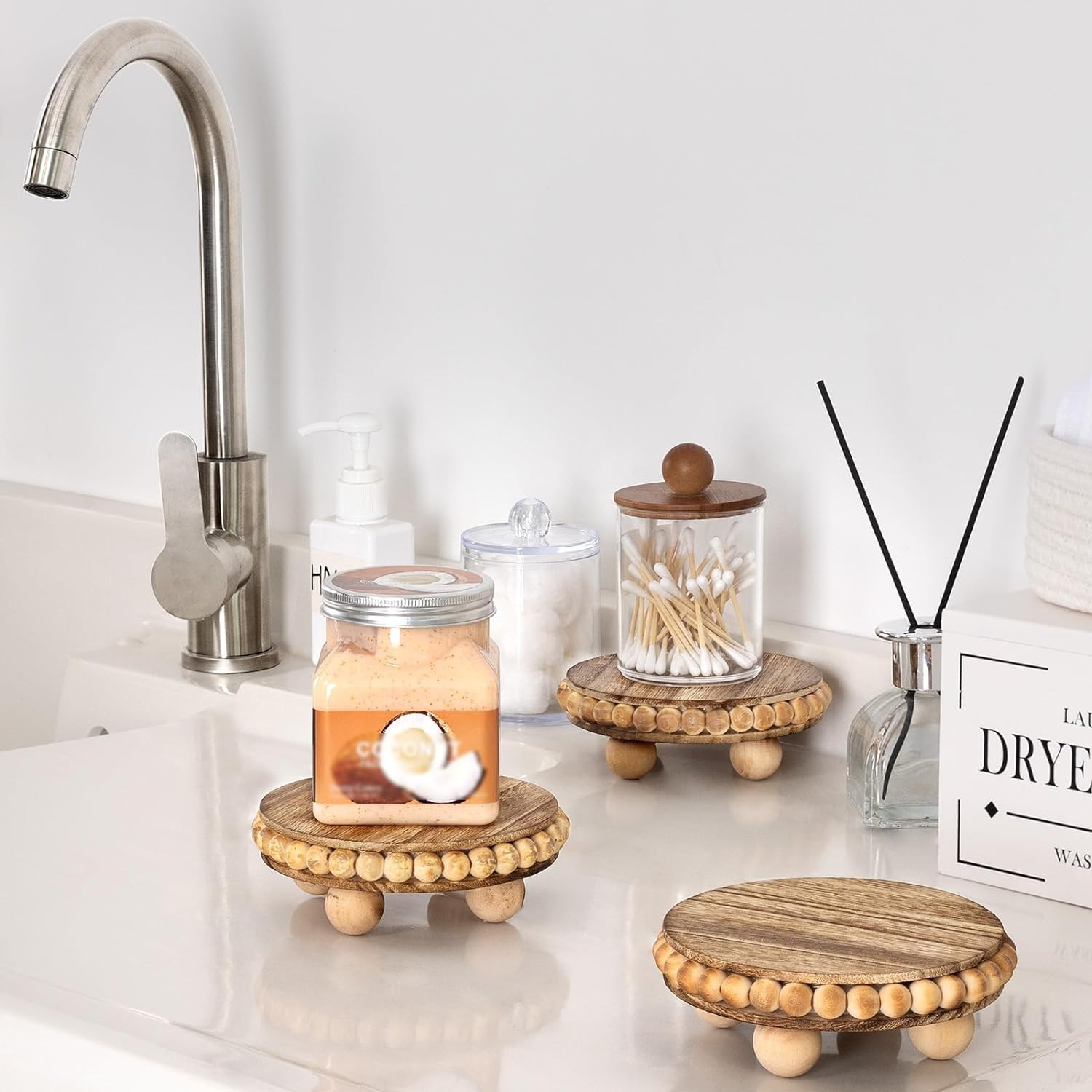 2Pcs Wood Risers for Display Decorative,Round Beaded Riser Distressed for Decor ,Wooden Farmhouse... | Amazon (US)