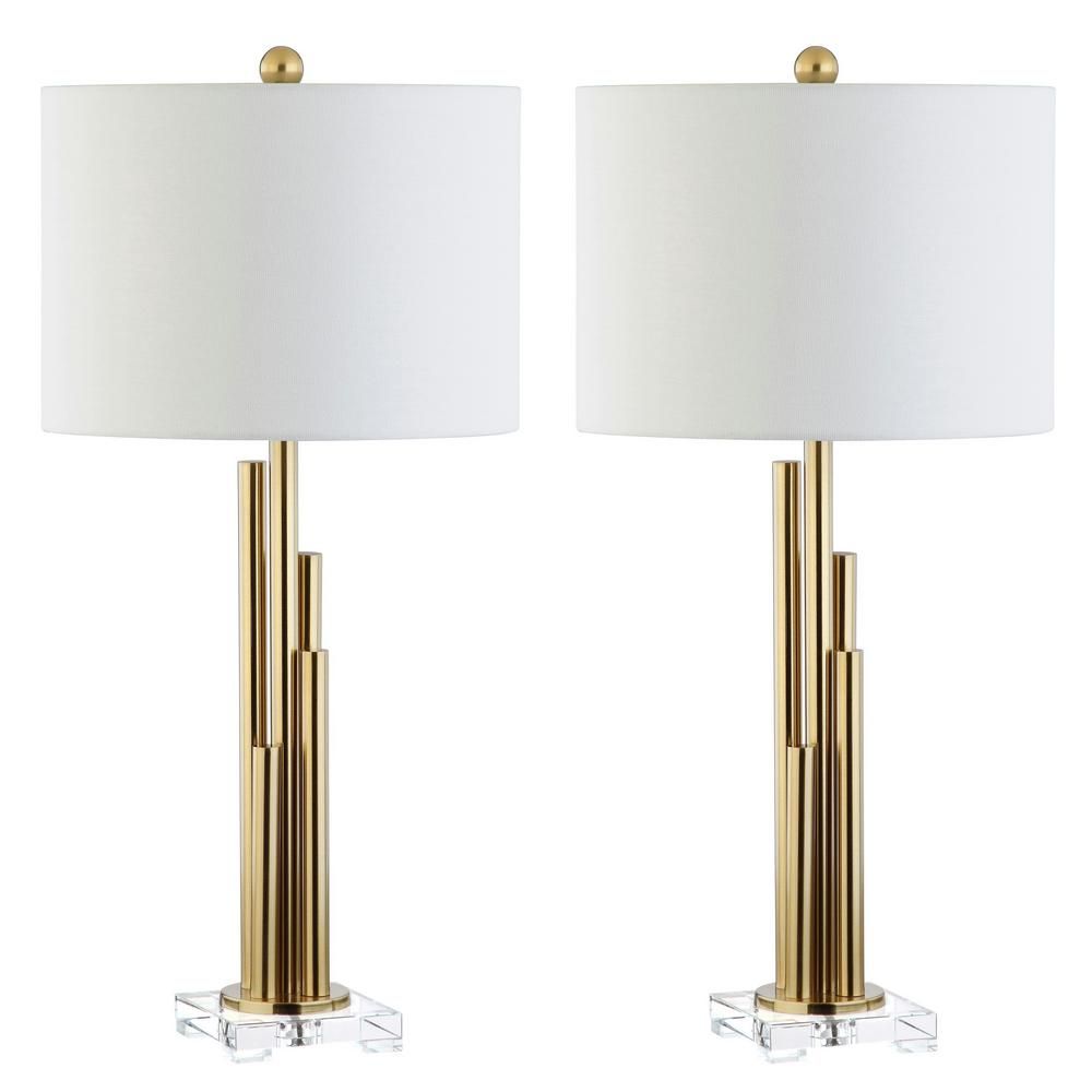 Hopper 32 in. Brass Gold Tiered Table Lamp with White Shade (Set of 2) | The Home Depot
