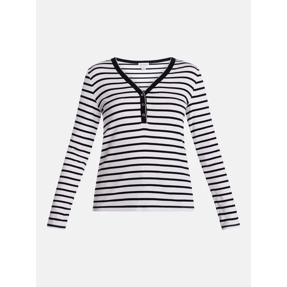 Scenario Women's and Women's Plus Striped Henley Shirt with Long Sleeves, Sizes XS-4X | Walmart (US)