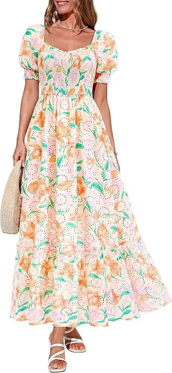 PRETTYGARDEN Women's Floral Boho Maxi Dresses Flowy Short Sleeve A Line Smocked Eyelet 2026 Summe... | Amazon (US)