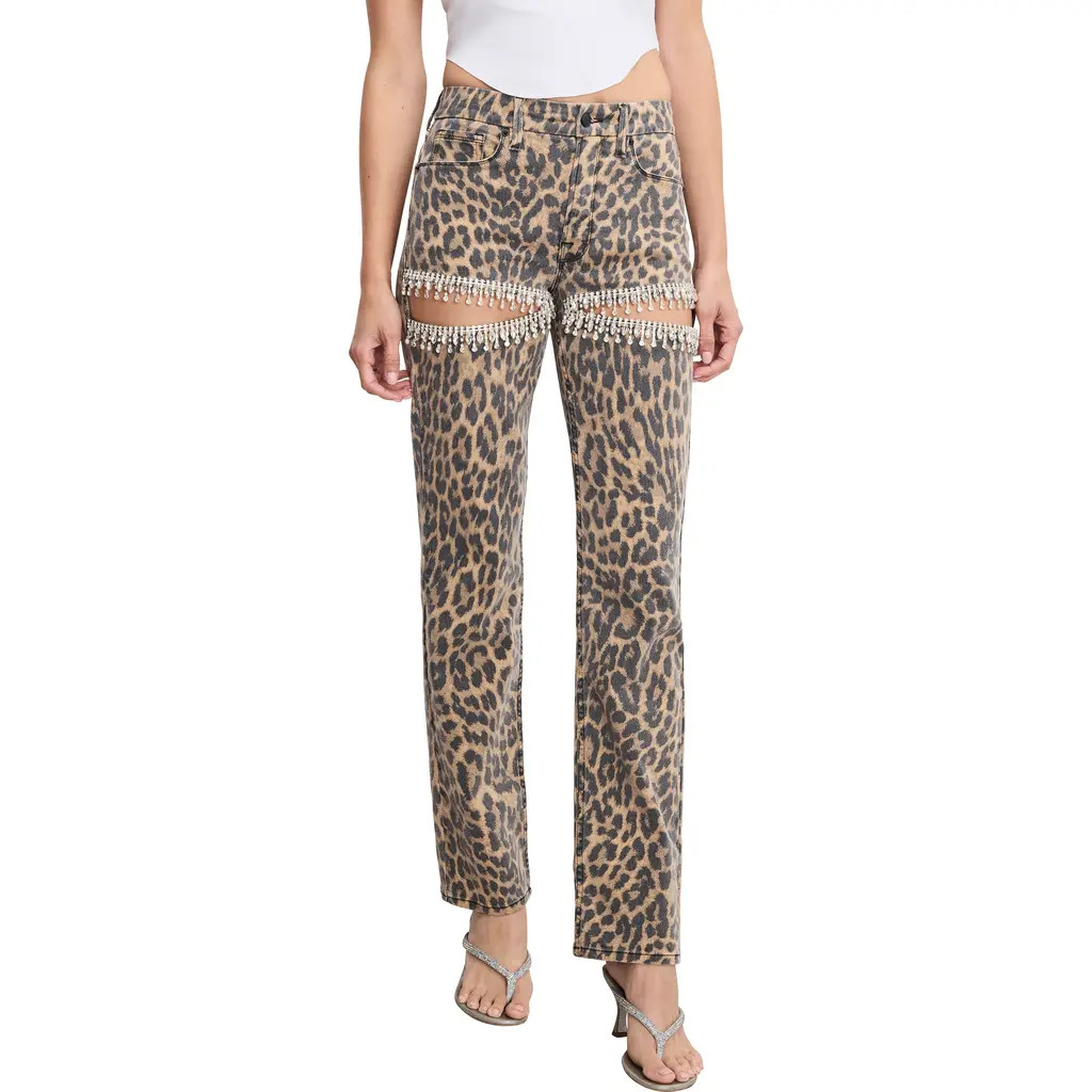Good American Good Icon Crystal Embellished Cutout Straight Leg Jeans in Lucky Leopard001 at Nordstrom, Size 10 | Nordstrom