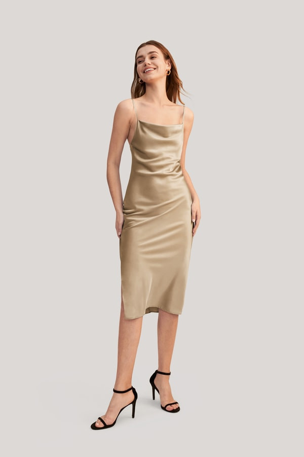 LILYSILK Silk Slip Dress - Ladies - Light Camel Quality Silk - Effortless Femininity Side Split Dress 4 | LILYSILK
