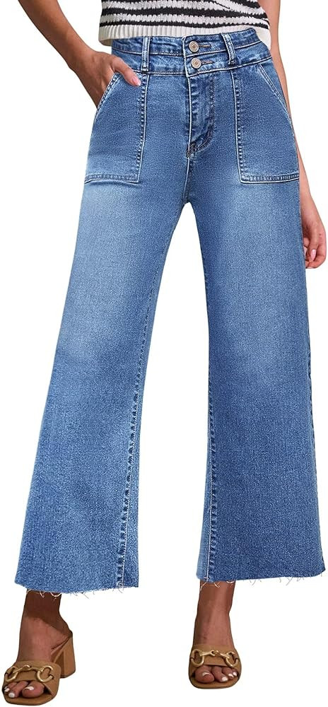 Allimy Womens High Rise Two Button Closure Cropped Jeans Wide Leg Front Slip Pockets Frayed Hem D... | Amazon (US)