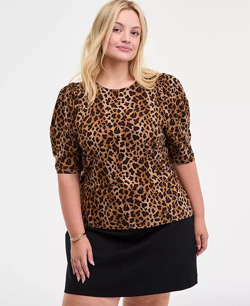 Trendy Plus Printed Ruched Puff-Sleeve Crewneck Top, Macy's Exclusive | Macy's