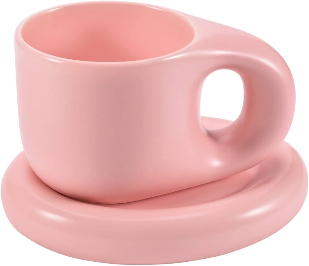Koythin Ceramic Coffee Chubby Mug Saucer Set, Creative Cute Fat Handle Cup with Saucer for Office... | Amazon (US)