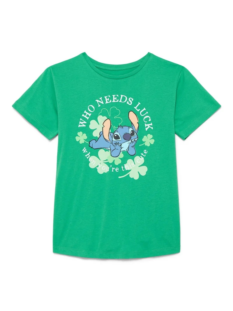 St. Patrick's Day Girls Stitch Who Needs Luck Graphic Tee, Sizes 4-16 | Walmart (US)