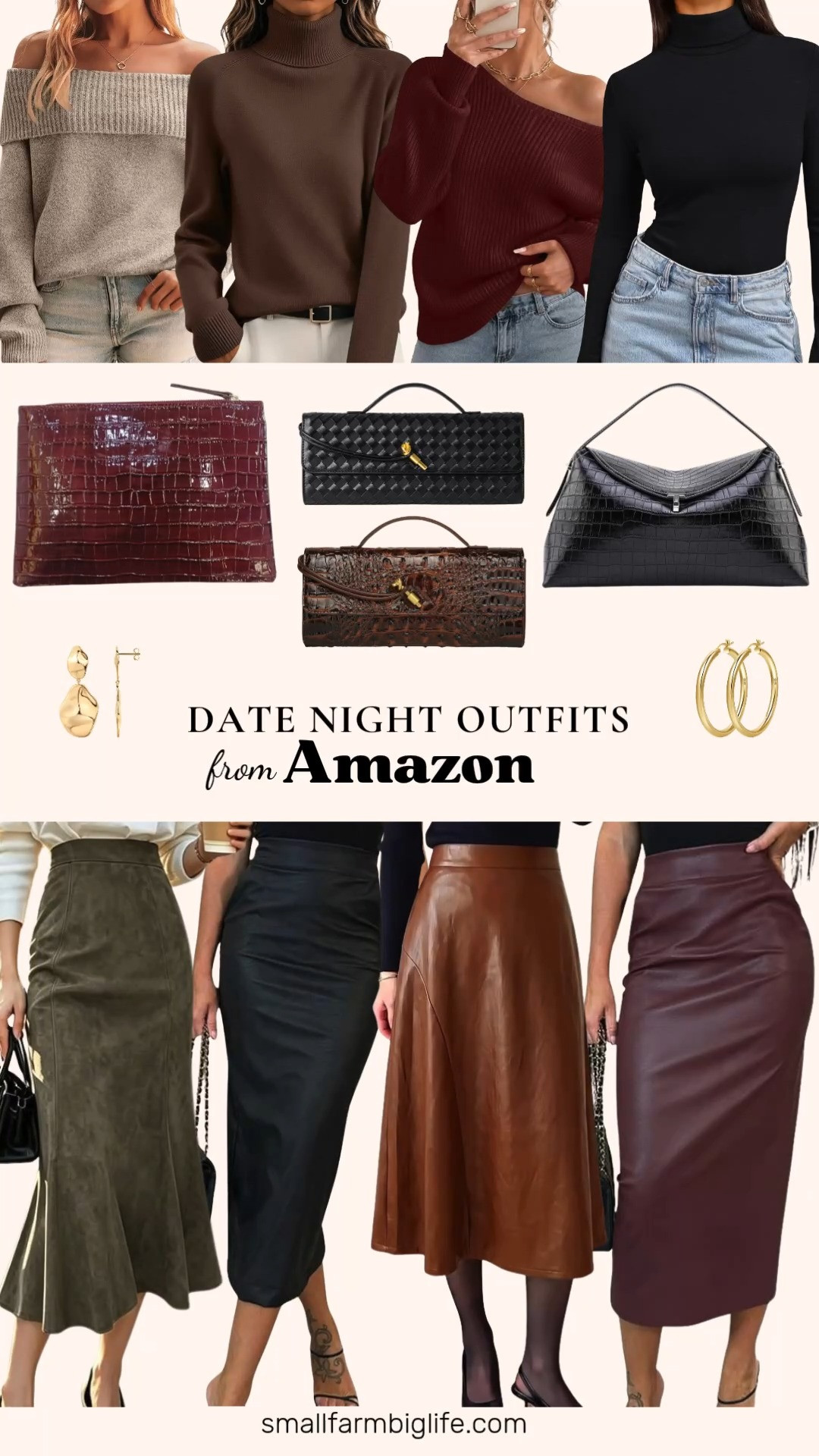 🍷 Date Night Outfits From Amazon

These date night outfits pair a faux leather midi skirt with a cozy sweater, and the combination works for dinner out, drinks, or a fall concert. Choose a sleek bodycon pencil skirt in wine red or black, a flowy caramel brown pleated A line skirt, or a dark army green faux suede fishtail skirt. Pair it with a fitted black turtleneck or a soft brown turtleneck sweater for a polished look, or go with an off the shoulder sweater in wine red or oatmeal heather for something a little more flirty. For a date night bag, pick a black woven leather and suede clutch, a brown or burgundy croc embossed evening clutch, or a black croc crossbody with a gold T lock. Finish with gold jewelry: hammered teardrop statement earrings from PAVOI or chunky gold hoop earrings. Midi lengths and cozy knits make these some of the easiest fall outfits for women over 50, and every piece works for Thanksgiving, holiday parties, and the office too.

#amazonfashion #amazonfinds #datenightoutfit #leatherskirt #falloutfits #fallfashion 

 #LTKgrwm #LTKootd #LTKOver40