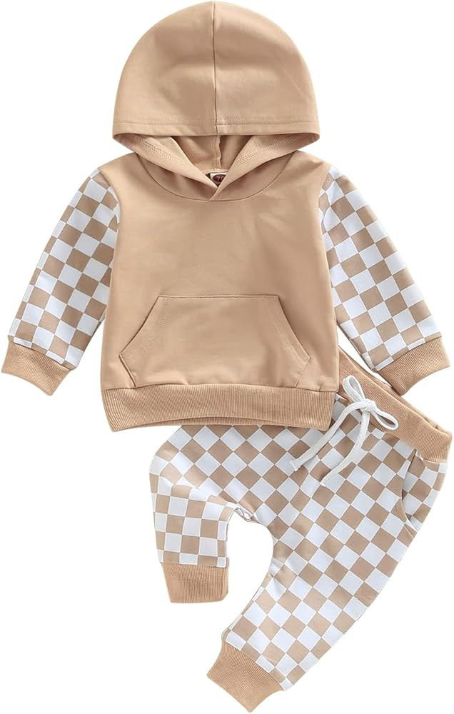 Toddler Baby Boy Girl Fall Winter Clothes Checkerboard Plaid Hoodie Sweatshirt Tops Elastic Waist Pa | Amazon (US)