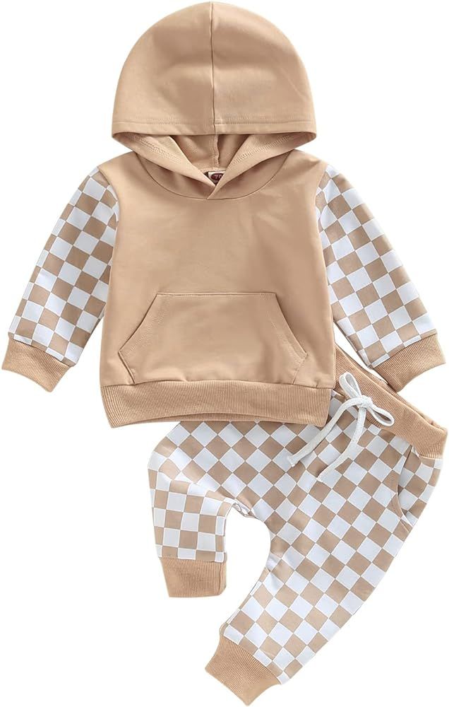 Toddler Baby Boy Girl Fall Winter Clothes Checkerboard Plaid Hoodie Sweatshirt Tops Elastic Waist Pa | Amazon (US)