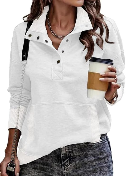 SHEWIN Women's Casual Long Sleeve Stand Neck Sweatshirt Lightweight Button Drawstring Pullover To... | Amazon (US)