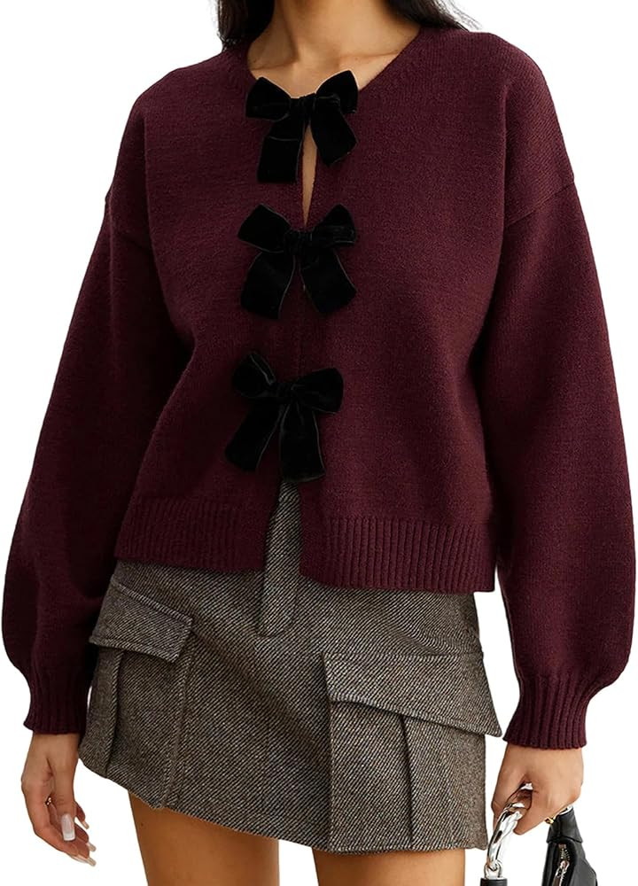 Women's Cardigan Winter Solid Color 3D Bow Tie Front Decor Knot Long Sleeve Crewneck Loose Fit Sw... | Amazon (UK)