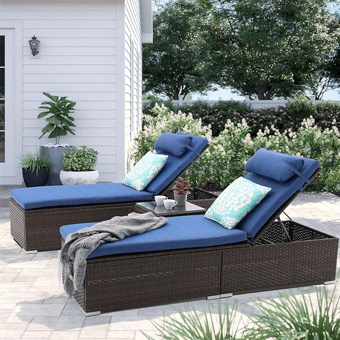 3 Pcs Patio Chaise Lounge with Coffee Table Cushion&Pillow Outdoor Lounge Chair Chaise Lounger Pa... | Amazon (US)