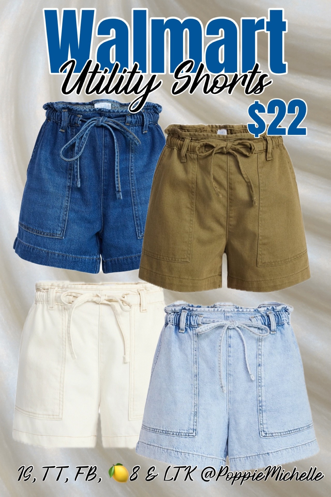 Drawstring waist shorts
Utility shorts
Paper bag waist shorts
Blue Jean shorts 4 inch inseam 
Denim shorts 
Light wash denim shorts 
Olive green denim shorts
Whits denim shorts 