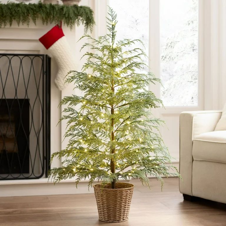 My Texas House Potted 4ft Pre-Lit Twinkle LED Cypress Artificial Christmas Tree, Green, 100 LED -... | Walmart (US)