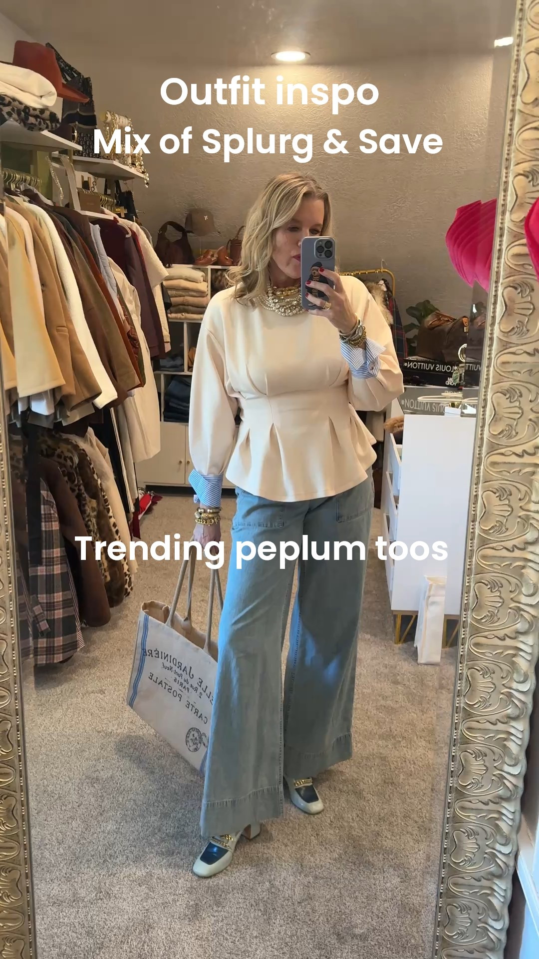 Outfit inspiration 
A mix of Splurge and save

Trending peplum tops

Save is the trending peplum top with dramatic stripe cuff detail
Fits tts in a med, soft knit top.
Great quality.

Save- French saying burtlap tote under $20 perfect for farmers market, travel or beach 

Free people chambray elastic waist wide leg pant with pockets  under $80
I am in the small 

Splurge- Madison Masion two tone loafers with gold chain 

Splurge- layers assortment of pearls, real pearls, French Kande  cc necklace and stone strands, Zenzie large rhinestone necklace 
And bee rhinestone necklace 
( sorry, this is a collection of vintages, real and not linkable pieces) 
I linked items you could get a very similar look with.

Earring pear and rhinestone target under $12 

Ring and brackets Julie voz 

#LTKootd #LTKgrwm #LTKOver40