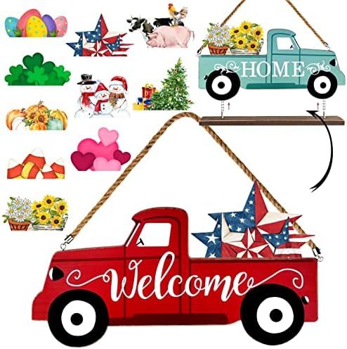 Winder Welcome Sign & Home Sign for Front Door 2-Side Rustic Red Truck Decor with 10-PC Interchangea | Amazon (US)