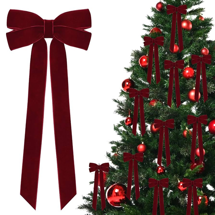 12Pcs Burgundy Velvet Ribbon Bows Christmas Tree Decorations,5in x 10in Xmas Ornaments for Tree H... | Amazon (US)