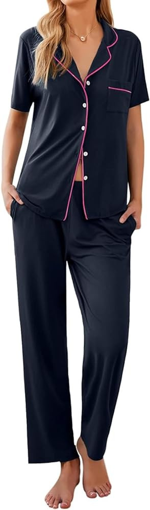 Ekouaer Women Pajamas Set Button Down Sleepwear Short Sleeve Nightwear with Long Pants Soft Pjs S... | Amazon (US)