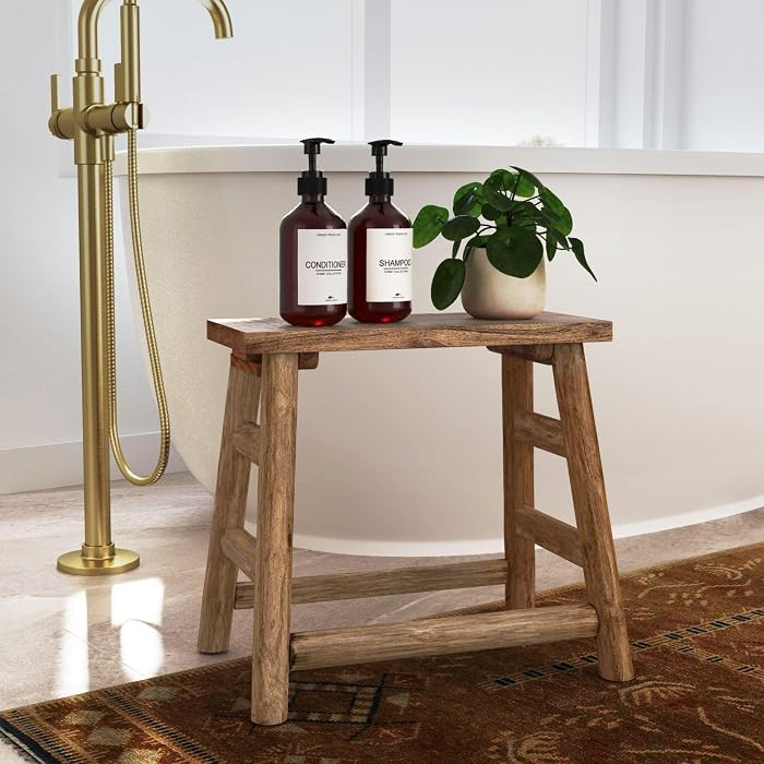 Rustic Solid Wood Accent Stool \u2013 Small Wooden Stool for Bathroom, Entryway or Living Room \u... | Amazon (US)