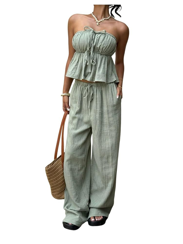 Floerns Women's 2 Piece Outfit Striped Tie Front Tube Top with Wide Leg Pants Set | Amazon (US)