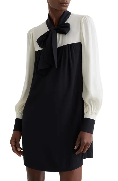 Reiss Cam Tie-Neck Shift Dress in Navy/Ivory at Nordstrom, Size 12 Us | Nordstrom