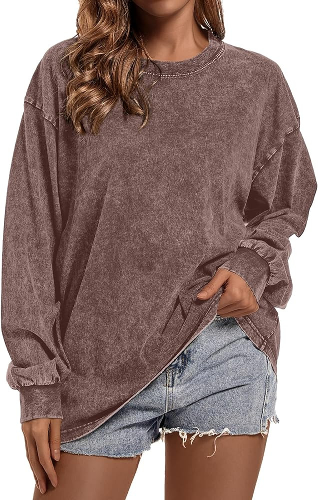 BINTEHGS Crewneck Oversized Long Sleeve Shirts for Women Loose Fit Vintage Acid Wash Tshirt Basic... | Amazon (US)