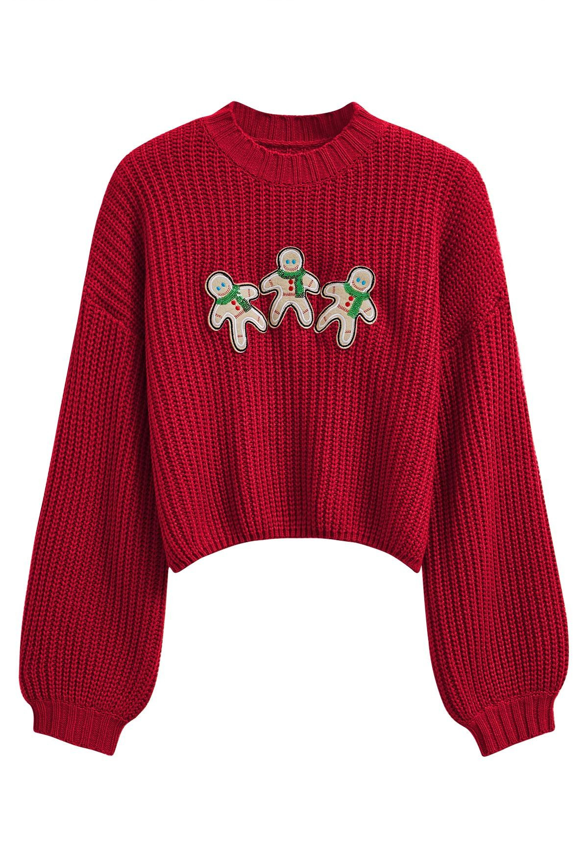 Gingerbread Man Patch Ribbed Sweater in Red | Chicwish