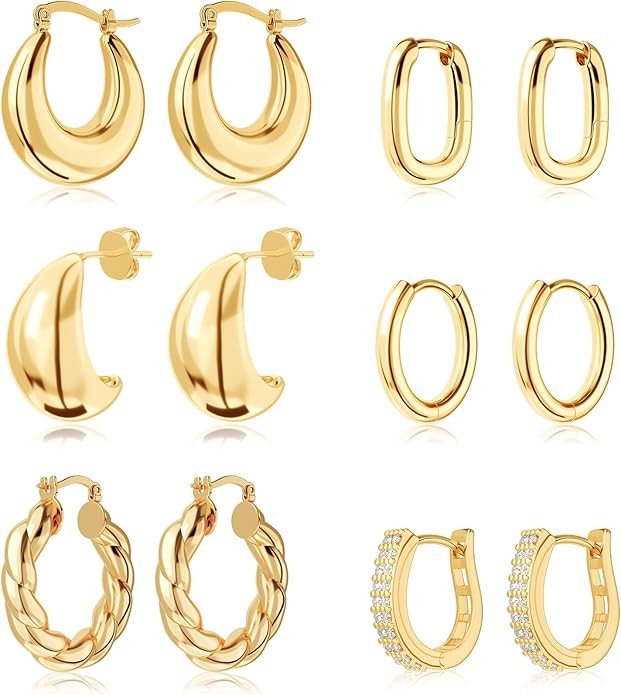 6 Pairs 18K Chunky Gold Hoop Earrings for Women, Lightweight Thick Hoop Earrings，Twist Huggie H... | Amazon (US)