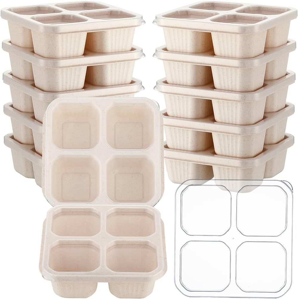 12 Pcs Bento Snack Containers 4 Divided Compartments Wheat Straw Snack Box with Lid Reusable Meal... | Amazon (US)