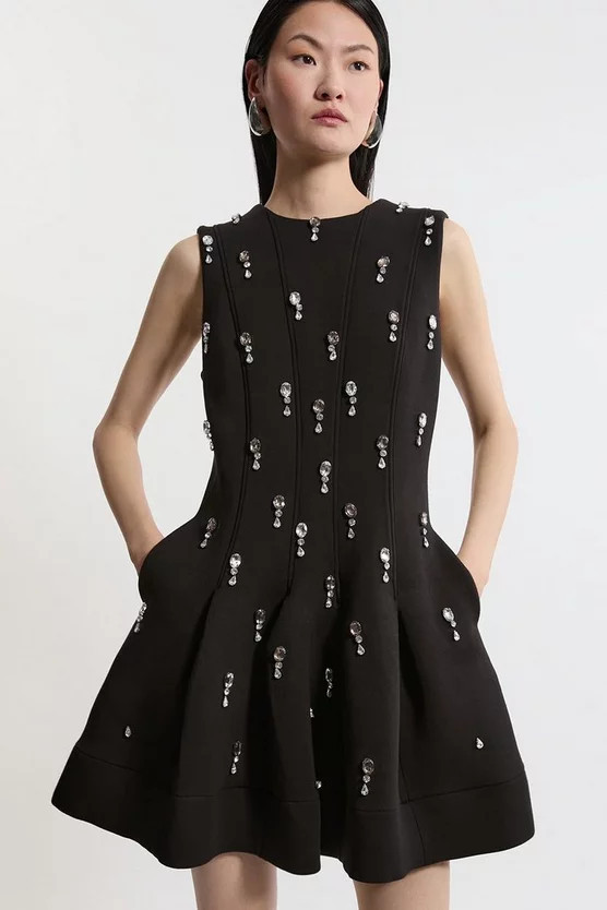 Crystal Embellished Premium Scuba Jersey Mini Dress | Karen Millen | Karen Millen UK + IE + DE + NL