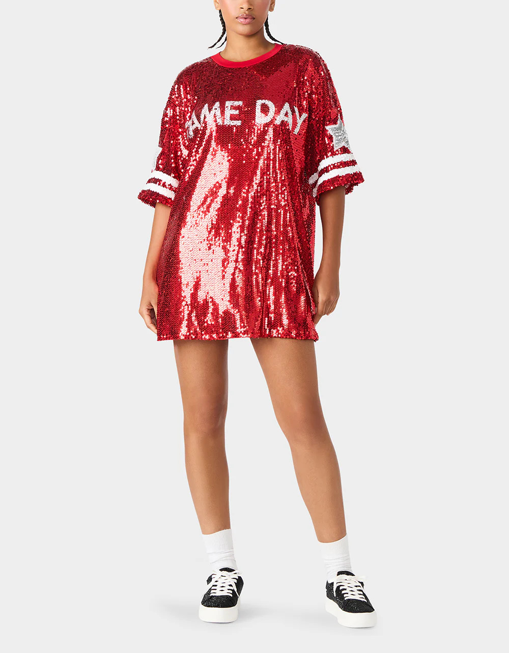 GAME DAY JERSEY SEQUIN DRESS RED Women's Sequin Short-Sleeved Dress | Betsey Johnson