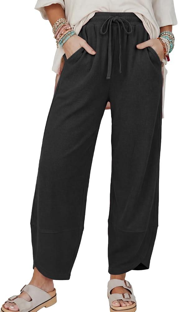 Womens Wide Leg Pants Cropped Baggy Harem Pnats Casual Elastic Waist Wrap Hem Palazzo Pants with ... | Amazon (US)