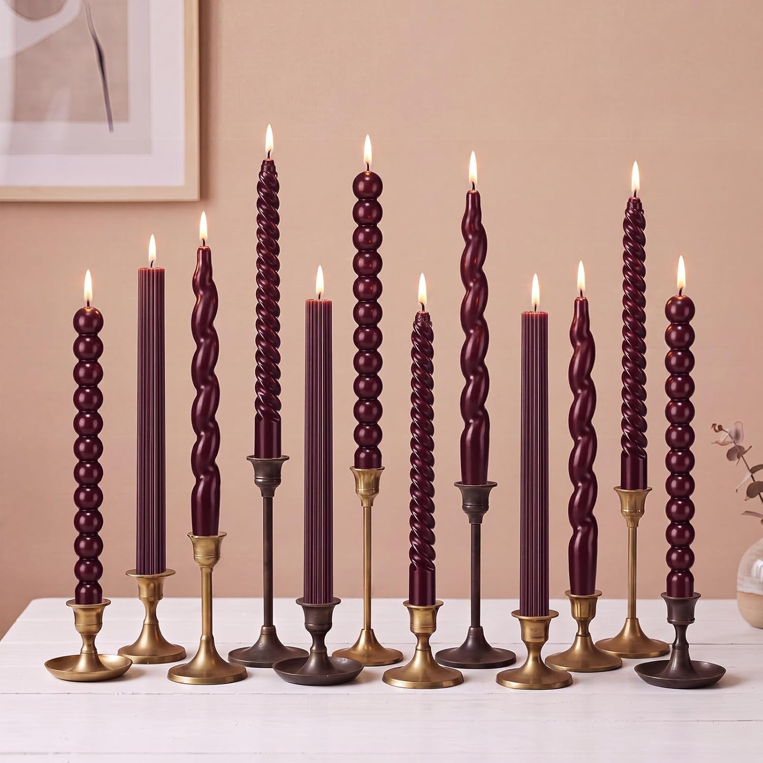 Conelist 12 Pcs Christmas Burgundy Taper Candles, 10" Twisted Candlestick | Amazon (US)