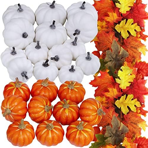 24 Pcs Bulk Assorted Artificial Orange White Pumpkins 60 Pcs Fall Artificial Maple Leaves Fall We... | Amazon (US)