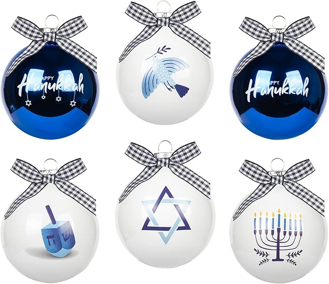 KI Store Glass Hanukkah Decoration Ball Ornaments Set of 6 White and Blue Decorative Christmas Je... | Amazon (US)