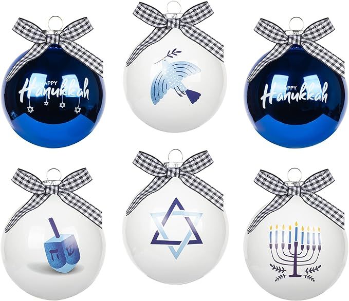 KI Store Glass Hanukkah Ball Ornaments Set of 6 White and Blue Chanukah Decorative Hanging Orname... | Amazon (US)